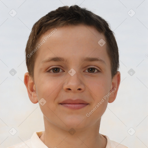 Joyful white child female with short  brown hair and brown eyes