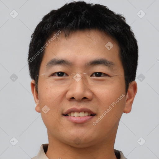 Neutral asian young-adult male with short  brown hair and brown eyes