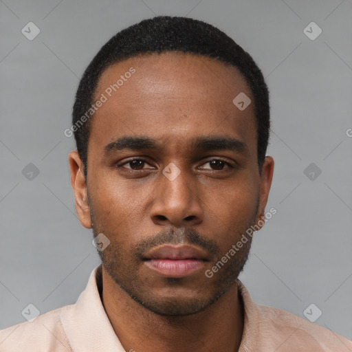 Neutral black young-adult male with short  black hair and brown eyes