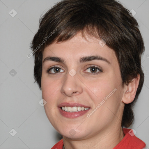 Joyful white young-adult female with medium  brown hair and brown eyes