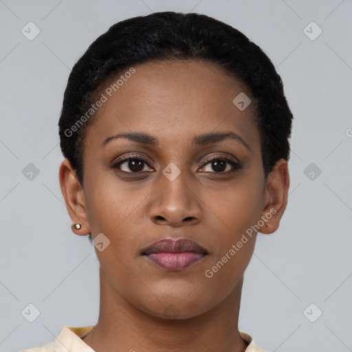 Neutral black young-adult female with short  black hair and brown eyes