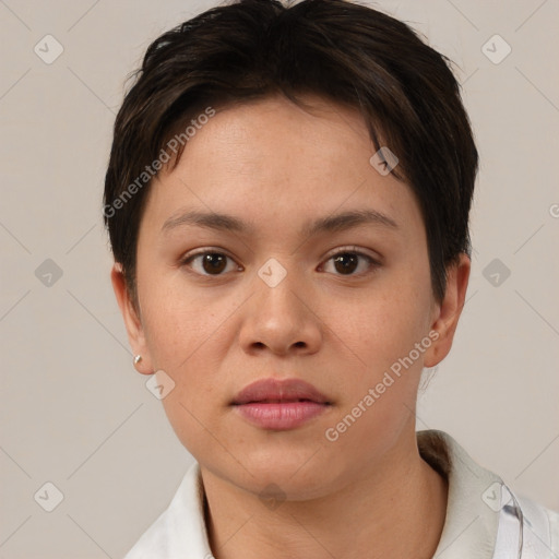 Neutral white young-adult female with short  brown hair and brown eyes