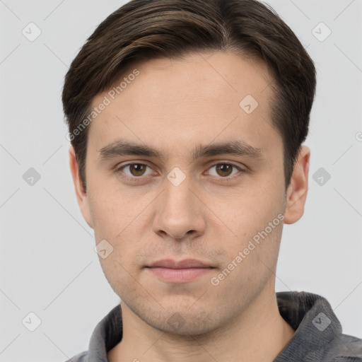 Neutral white young-adult male with short  brown hair and brown eyes