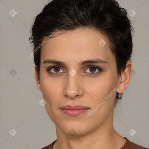 Neutral white young-adult female with short  brown hair and brown eyes