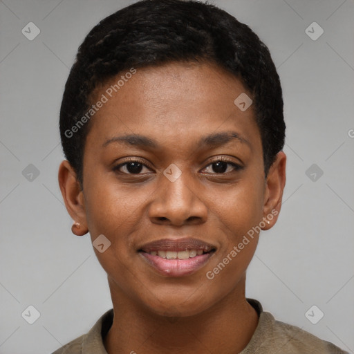 Joyful black young-adult female with short  black hair and brown eyes