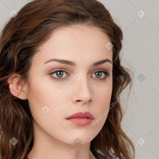 Neutral white young-adult female with long  brown hair and brown eyes