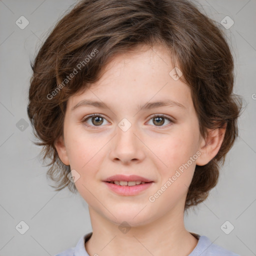 Joyful white child female with medium  brown hair and brown eyes