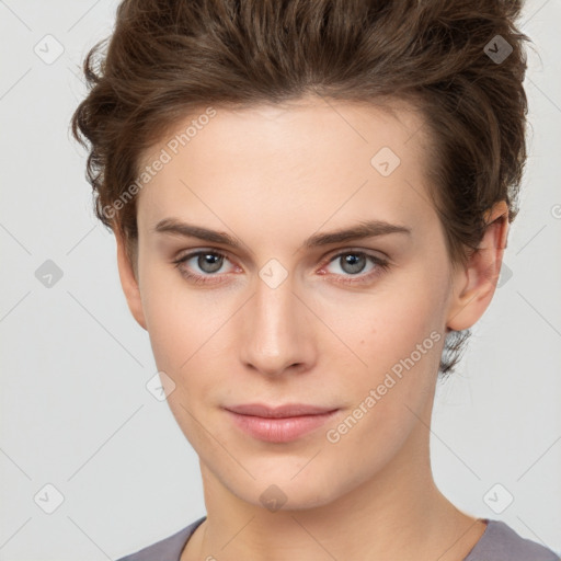 Neutral white young-adult female with short  brown hair and brown eyes