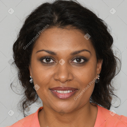 Joyful black young-adult female with medium  brown hair and brown eyes