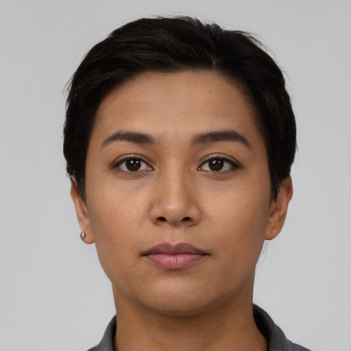 Neutral asian young-adult female with short  black hair and brown eyes