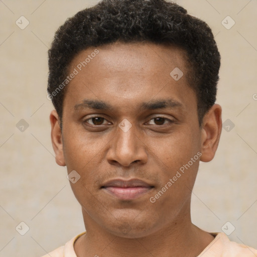 Neutral latino young-adult male with short  brown hair and brown eyes
