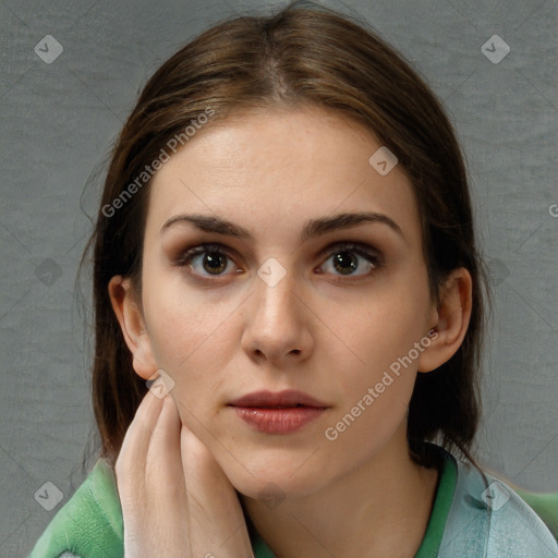 Neutral white young-adult female with medium  brown hair and brown eyes