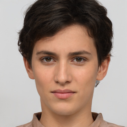 Neutral white young-adult female with short  brown hair and brown eyes