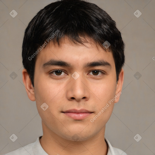 Neutral asian young-adult male with short  brown hair and brown eyes