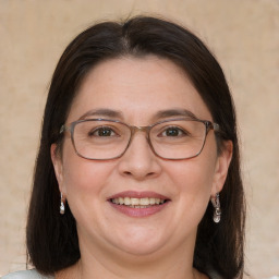 Joyful white adult female with medium  brown hair and brown eyes