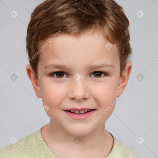 Joyful white child male with short  brown hair and brown eyes