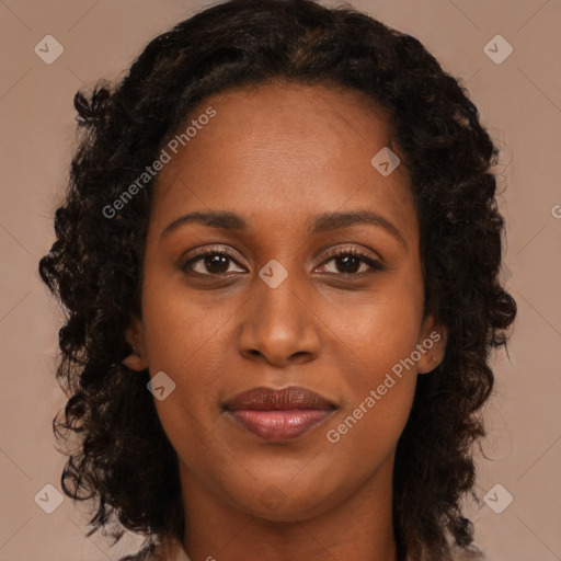 Joyful black young-adult female with long  brown hair and brown eyes