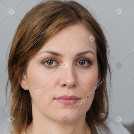 Neutral white young-adult female with medium  brown hair and brown eyes