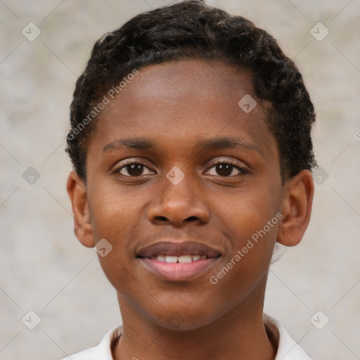 Joyful black young-adult male with short  brown hair and brown eyes