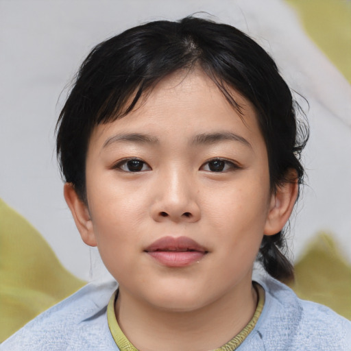 Neutral asian child female with short  black hair and brown eyes