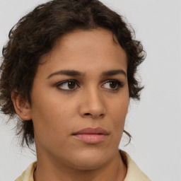 Neutral white young-adult female with short  brown hair and brown eyes