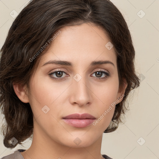 Neutral white young-adult female with medium  brown hair and brown eyes