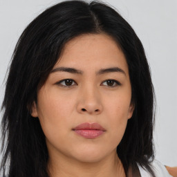 Neutral asian young-adult female with long  brown hair and brown eyes