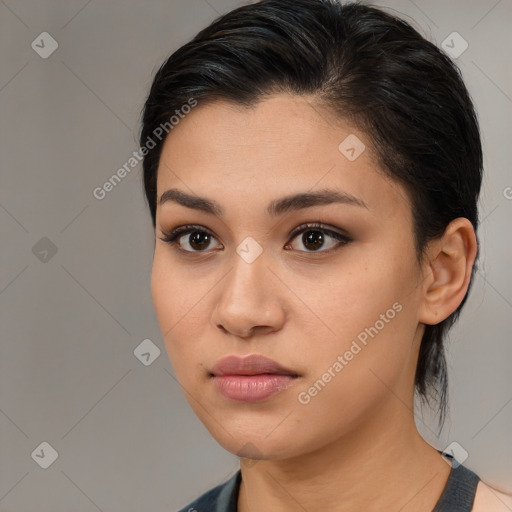 Neutral white young-adult female with medium  brown hair and brown eyes