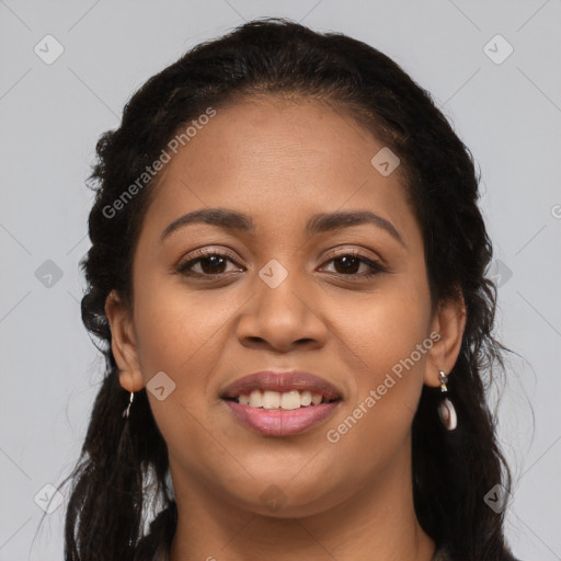 Joyful latino young-adult female with long  brown hair and brown eyes