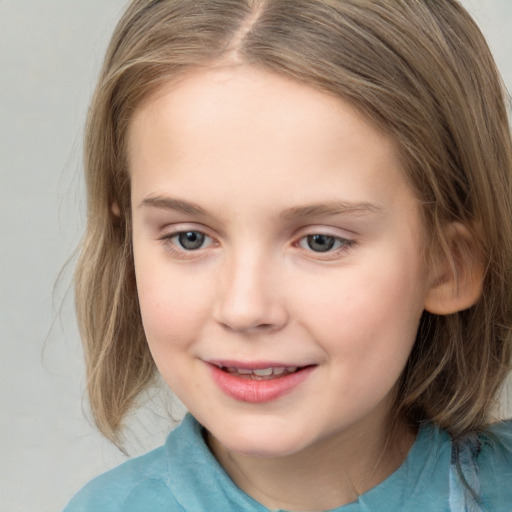 Joyful white child female with medium  brown hair and grey eyes