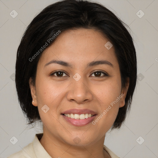 Joyful latino young-adult female with medium  brown hair and brown eyes