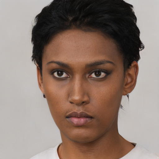 Neutral black young-adult female with short  black hair and brown eyes