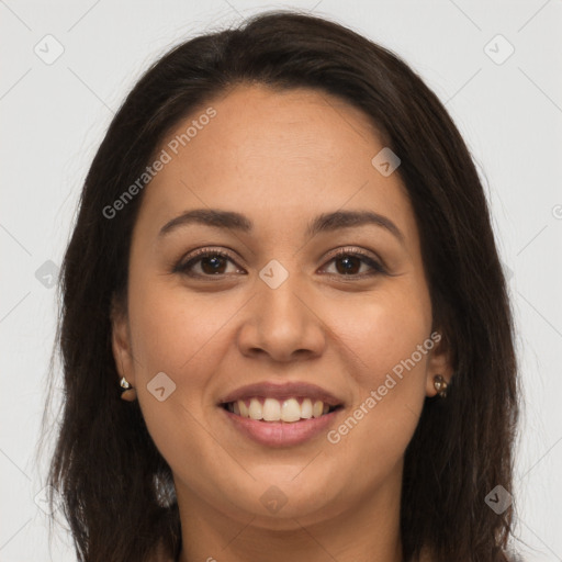 Joyful white young-adult female with long  brown hair and brown eyes