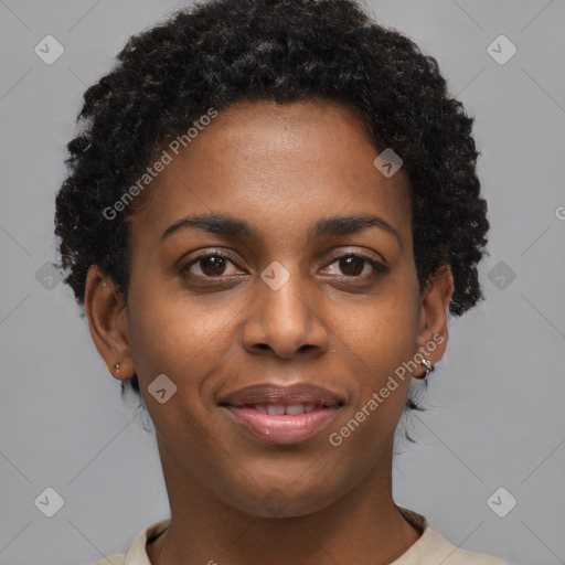 Joyful black young-adult female with short  brown hair and brown eyes