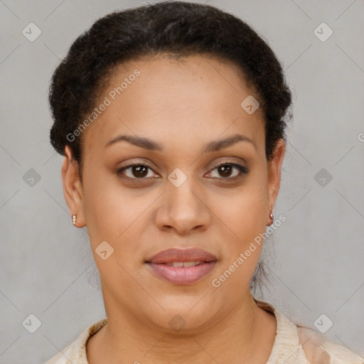 Joyful latino young-adult female with short  brown hair and brown eyes