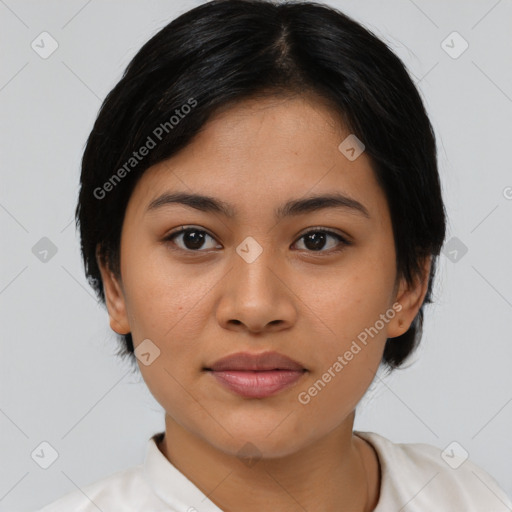 Joyful asian young-adult female with medium  black hair and brown eyes