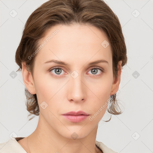 Neutral white young-adult female with medium  brown hair and grey eyes