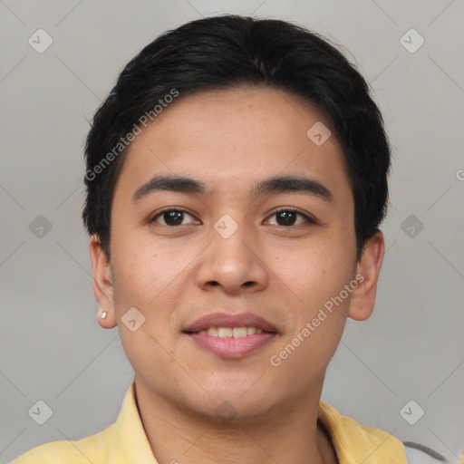 Joyful asian young-adult male with short  brown hair and brown eyes