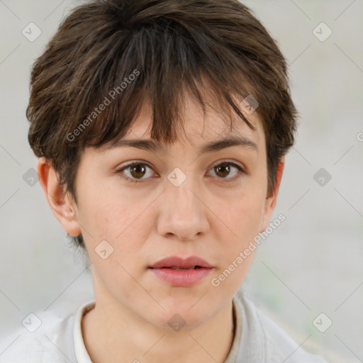 Neutral white young-adult female with short  brown hair and brown eyes