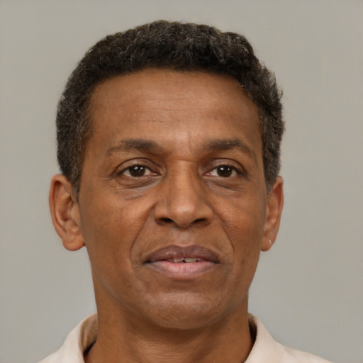 Neutral black adult male with short  brown hair and brown eyes