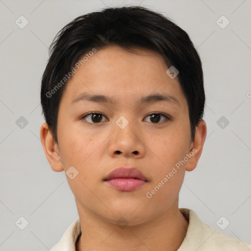 Neutral asian young-adult female with short  brown hair and brown eyes