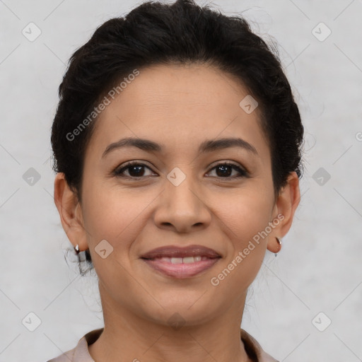 Joyful latino young-adult female with short  brown hair and brown eyes