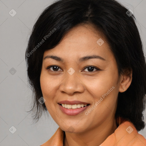 Joyful asian adult female with medium  brown hair and brown eyes