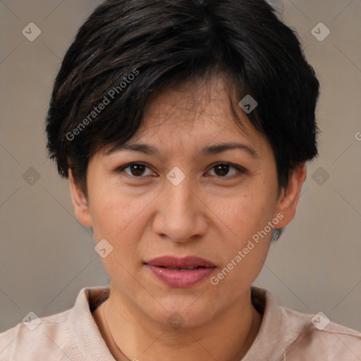 Joyful white adult female with short  brown hair and brown eyes