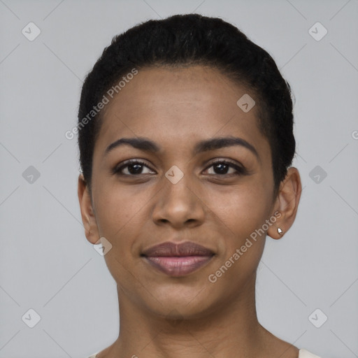 Joyful latino young-adult female with short  black hair and brown eyes