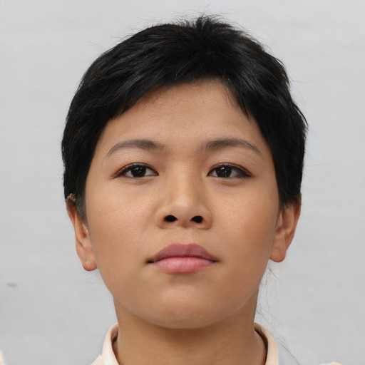Neutral asian young-adult female with short  brown hair and brown eyes