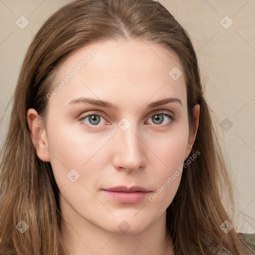 Neutral white young-adult female with long  brown hair and grey eyes