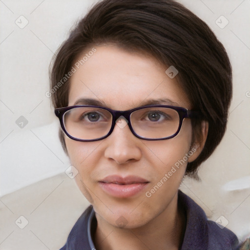 Neutral white young-adult female with medium  brown hair and brown eyes