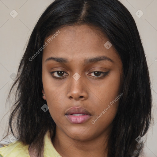 Neutral asian young-adult female with long  brown hair and brown eyes