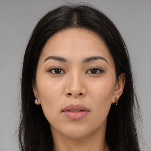 Neutral asian young-adult female with long  brown hair and brown eyes